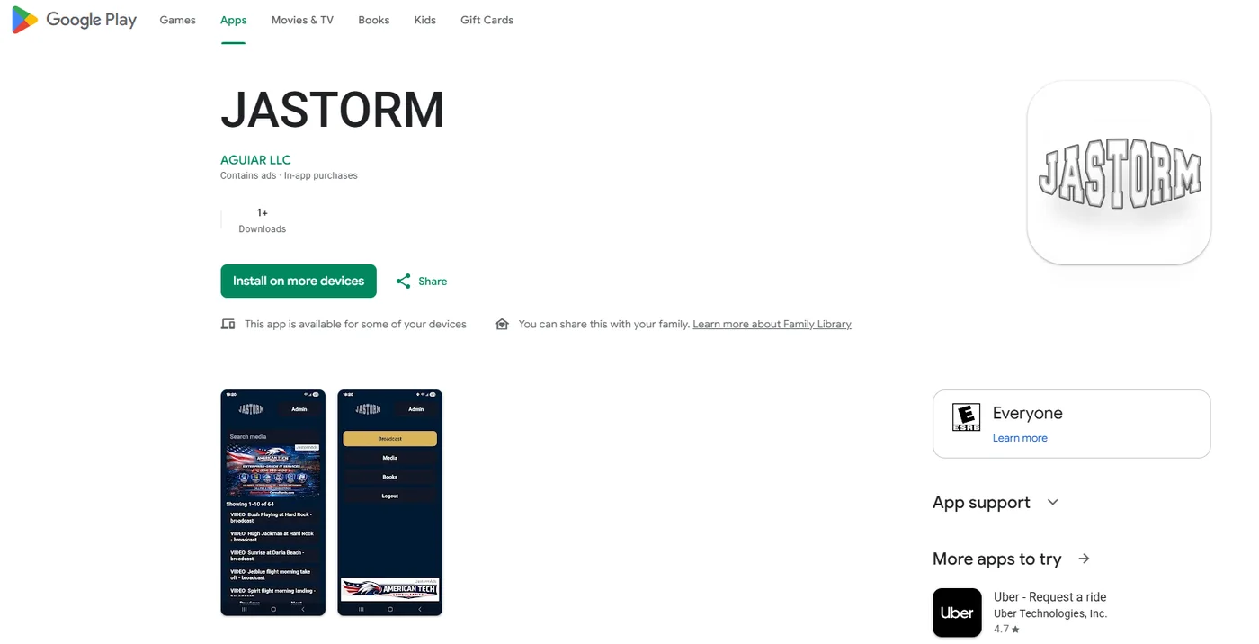 JASTORM Android application listing on Google Play with mobile application screenshots