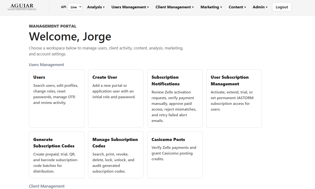 Management Portal workspace showing user, client, content, marketing, and administration controls
